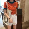 Summer Korean Women Cotton Crop Tops Ringer Tee Short Sleeve Vintage Tee Shirt Female Blue White Orange T-shirt