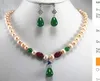 Livraison gratuite nouveau design définit 8mm collier de perles shell rose + belle conception vert boucles d'oreilles jades
