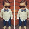 Kids Clothing Sets for Boys Gentleman Bow Tie Fake Two Piece Shirt +Handsome Jeans 2pcs High Quality Boys Boutique Clothes Children Boy Suit