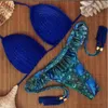 2018 Nieuwe Sexy Bikini Vrouwen Badmode Geweven Push Up Badpak Halter Top Pauw Gewatteerde Badpak Blauw Bandage Bikini Set