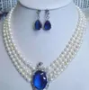 3 rows white pearl pendant necklace earrings 17"-19"