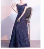 Elegant Dark Navy Evening Dresses V-Neck Short Sleeves Lace-up with Zipper Back Shining Sequins Prom Dresses Evening gowns Floor Length