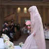 Gorgeous Arabic Muslim Wedding Dresses 2019 High Neck Lace Applique Long Sleeves Sheath Pink Wedding Gowns Bridal Dresses With Wraps