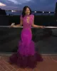 2K18 Mermaid Prom Dresses High Neck Koronki Aplikacje Cap Rękawy Suknie Wieczorowe Ruched Tulle Sweep Pociąg Sukienka Party Afryki
