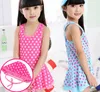 Traje de baño de una pieza para niñas, coloridos patrones en forma de círculo, traje de baño estampado con gorro de baño (niñas de 2 a 15 años, rosa/azul)