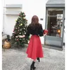 New design fashion women's high waist PU leather a-line big expansion midi long skirt New Year red color long skirt XSSMLXLXXL