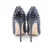 Kostenloser Versand Mode Damen Pumps Schwarz Lackleder Spikes Punktzehe High Heels dünne Fersenschuhe sexy Dame aus echtem Leder 120mm 100mm