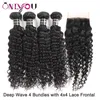 새로운 도착 Virgin Remy Weave 4 개의 곱슬 묶음 말레이시아 딥 웨이브 실크베이스 클로저 컬 헤어 확장