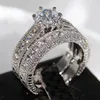 Vecalon Fashion New Arrival Retro Jewelry 14KT White Gold Filled Round Cut Topaz Gemstones CZ Crystal Enternity Bridal Couple Ring Set Gift