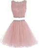 2021 Two Pieces Prom Dress Short Lace Appliques with Crystal Beaded Keyhole Back Tulle Sweet 16 Party Dresses Graduation Homecomin260K