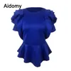 Rose Applique Women Tops Blouses Summer Short Sleeve Ruffles Shirts Evening Party Wear Peplum Top Female Shirt Black White Red