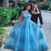 Glamorous Lace Appliqued Prom Dresses Jewel Neck Sleeveless Tulle Floor Length Evening Party Dress Charming Saudi Arabia A-Line Evening Gown