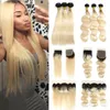 Ombre 1B 613 Raízes Escuras Loira Cabelo Liso Feixes Com Frontal Brasileiro Virgem Do Cabelo Humano Weave Onda Do Corpo Pacotes Com Fechos de Rendas