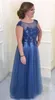 웨딩 게스트 착용을위한 신부 드레스의 플러스 사이즈 어머니 Blue Illusion Tulle Long Prom 복장 아플리케 비즈 정장 이브닝 드레스