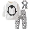 Nowy 2017 Dziewczynka Ubrania Pingwin Drukowane Z Długim Rękawem T-Shirt + Spodnie + Pałąk 3 Sztuk Dziewczynek Odzież Ustaw Noworodka Ubrania