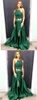 Sexig mörkgröna aftonklänningar för festflickor Två stycken spetsar med remmar en linje hög slits satin billig prom formell kändis klänning