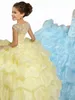 Light Yellow Princess Ball Gown Girls Pageant Gowns Cap Sleeves Crystals Beaded Ruffles Performance Dresses Kids Formal Party Gowns