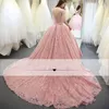 Lyxig rosa bollklänning quinceanera klänningar applikationer spets söt 16 klänning skopa hals vestido de festa lång tyll formell prom klänningar dh4157