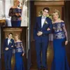 Nuevo vestido modesto de manga larga para madre de la novia con hombros descubiertos, encaje azul real, champán, sirena, vestidos formales para invitados de boda personalizados