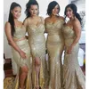 2021 Bling Sequin Mismatched Long Wedding Guest Bridesmaid Dresses Sweetheart Gold Sequins Sexiga Side Splite Party Gowns