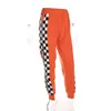 Europa ädla kvinnor högkvalitativa slacks casual byxor orange patchwork plaid print hög elastiska midja band dragkedjor byxor byxor