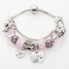 Pink sakura love heart Pendant Charms Bracelet for Pandora 925 Silver 3mm Snake Chain Charm Bracelets for Women with Original logo