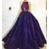 Gorgeous Dark Purple Prom Dresses Crytal Beads Lace Applique Jewel Neck Sleeveless Prom Party Dress Sexy Ruffles Tulle Evening Dresses