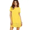 Robe d'été en mousseline de soie jaune pour femmes, manches courtes, ourlet ajouré, robe droite élégante pour dames, Mini robes de soirée