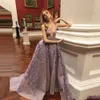 Glamorous Lavender Embroidery Evening Dress Sheer Jewel Neck Lace Appliques See Through Red Carpet Dress Sexy Dubai Formal Prom Dresses