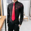 2018 novo designer floral bordado homens camisa manga longa moda fina fit uniforme camisas com gravata plus size camisa masculina