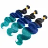 #1B/Blue/Green Ombre Virgin Brazilian Human Hair Bundles with 13x4 Full Lace Frontal Closure Three Tone Colored Human Hair Weaves