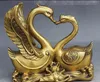 9" Chinese FengShui Brass Wealth Money 2 Conjugal Love Swan Cygnus Lotus Statue