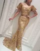 Luxe Dubai Golden Prom Dresses Off The Shoulder Short Mouwen Kant Applicaties Avond Party Toga Gorgeous Saoedi-Arabië Zeemeermin Avond Dres