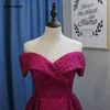 Hot Pink Fuchsia Bling Prom Dresses Dubai Long Off Shoulder Arabic Evening Party Gowns Elegant Gold Sequins Formal Dress