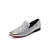 Fashion Men Shoes Gold Metal Cap Flats Dress Shoes Silver Glitter Men Leather Wedding Shoes Business and Party