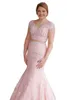 Magnifique robe de bal deux pièces rose, style sirène, robes formelles de soirée, manches courtes, perles, dentelle appliquée, dos nu, robe de concours