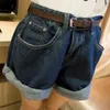 Atacado - mulheres moda sólida denim shorts verão cintura alta solta shorts largamente perna jeans crimping curto com cinto SL063