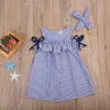 2018 nya heta sommar toddler barn baby tjejer härliga kläder blå randig off-shoulder ruffles party kappa formella klänningar