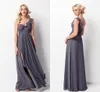 2018 Spring Flowy Gray Bridesmaid Dresses One Shoulder Pleated Chiffon Split Side Floor Length Backless Wedding Party Dresses