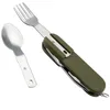 Armé Green Folding Portable Rostfritt Stål Camping Picnic Bestick Kniv Fork Spoon Bottle Opener Patesware Porslin Verktyg Kit LZ0821