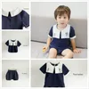 2018 New Hot Ins Summer estilo coreano Baby Boy Simple Casual Navy Collar Suit Cuello redondo Blusa de manga corta Bordado Rayas Shorts 1T-3T