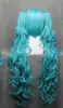 Parrucca lunga VOCALOID-hatsune Miku Blue Anime Cosplay + 2 clip sulla coda di cavallo + cappuccio per parrucca