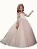 Ny Ankomst Vackra Blush Långärmad Jewel Lace Appliques Tiers Tulle Bröllop Flower Girl Dress Custom Made