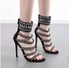 Sexy black beaded rhinestone open toe single sole high heels ladies party club shoes 2 colors size 35 to 40