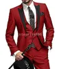 New Arrival Slim Fit Red Groom Tuxedos Peak Lapel One Button Man Wedding Suit Men Business Dinner Prom Blazer (Kurtka + Spodnie + Kamizelka + Kamizelka) 1108