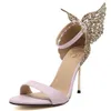 Женщины сандалии 3D бабочка крыло вышивка сандалии туфли на высоком каблуке женщина насосы металлический Стилет свадебное платье