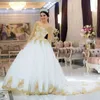 Luxury Gold Applique Wedding Dress Sexy Off Shoulder Beaded Sheer Long Sleeves Tulle Wedding Dresses Glamorous Saudi Arabic Weddin1220128