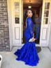 2018 Lindo Azul Royal Sereia Vestidos de Baile para Menina Negra Frisada Lantejoulas Mangas Compridas Cansado Ruffled Prom Vestidos Mulheres Vestido de Festa À Noite