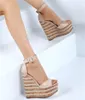 Fashion Platform Toe Women Summer Open Straw Suede Leather Ankle Strap Super High Wedge Sandals Dress 83