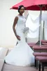 Mermaid African Nigerian Wedding Dress Sheer Neck Full Lace Applique Sleeveless Sweep Train White Ivory Garden Church Chapel Bridal Gowns